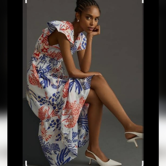 Farm Rio Mixed Lobsters Coral & Blue On Off-white Cap Flutter Sleeve Midi Dress - Picture 4 of 14